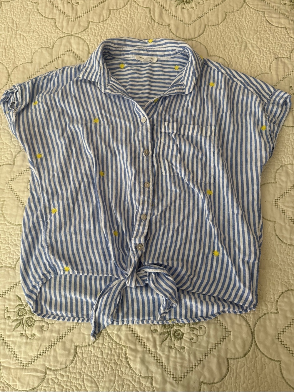 Blue & White Striped Tie-Hem Button Front Top with Yellow Embroidery